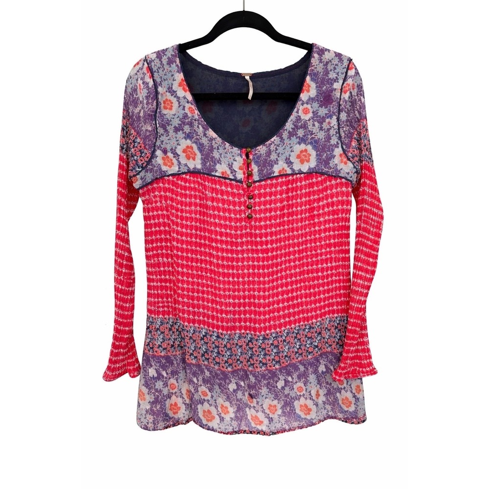 Free People Medium Floral Tunic Top Red Purple Boho Romantic Y2K Sheer